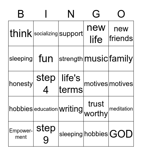 RECOVERY Bingo Card