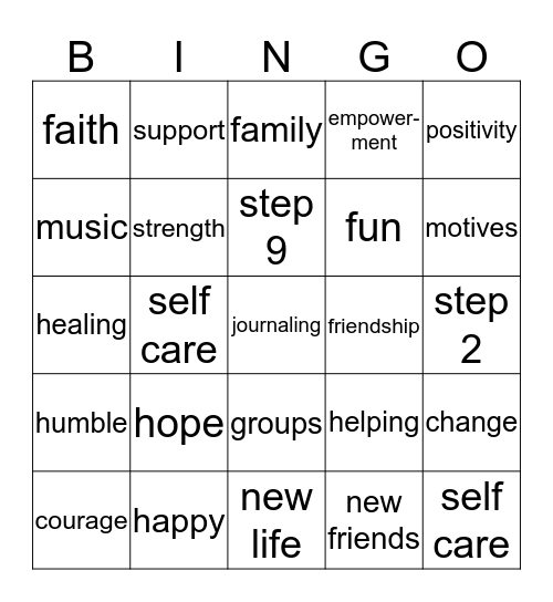 RECOVERY Bingo Card