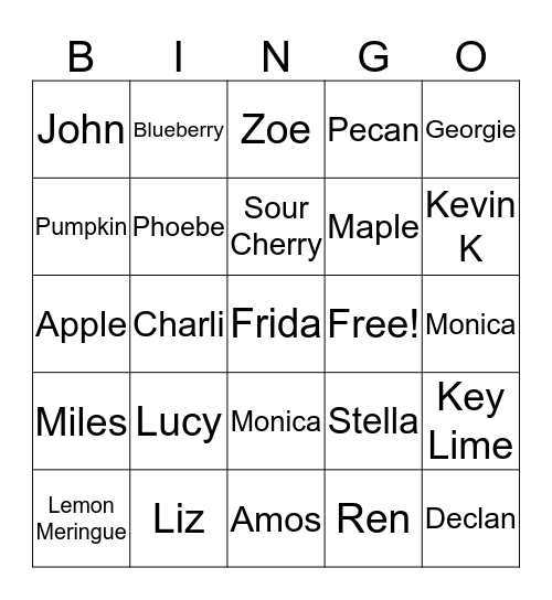 Our Names and Pies Bingo Card