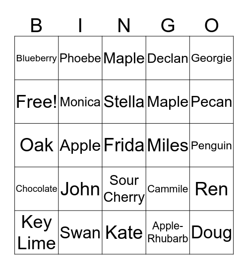 Our Names and Pies and Birds and Trees Bingo Card