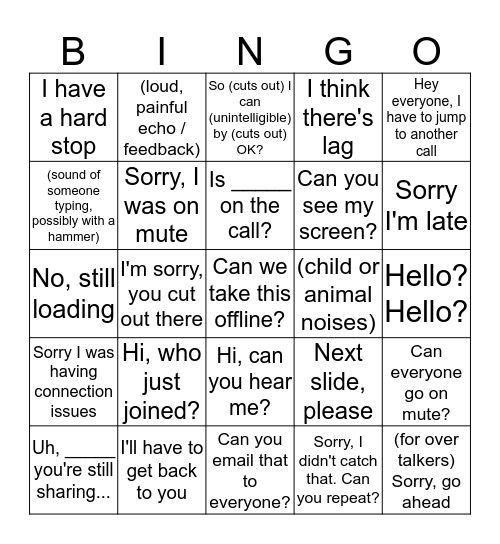 Work From Home Conference Calls Bingo Card