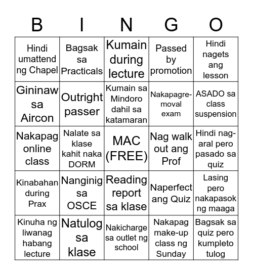 MAC PT Student Edition Bingo Card