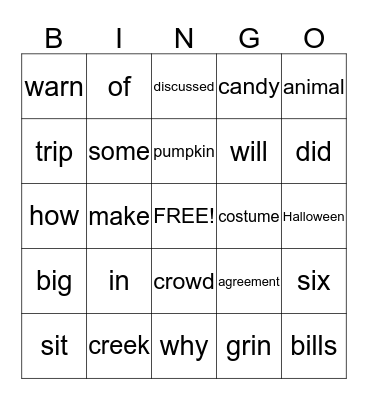 Lesson 7 Halloween Bingo Card