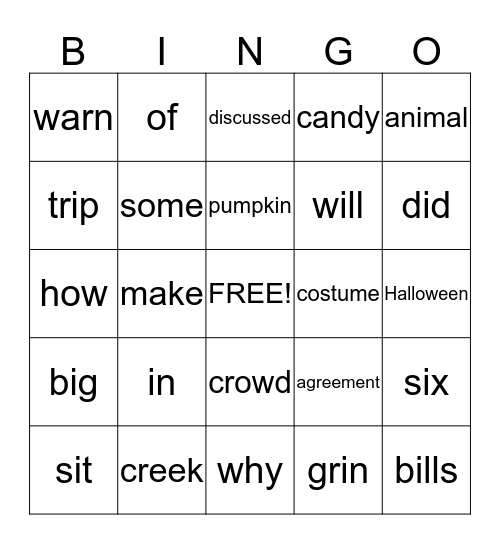 Lesson 7 Halloween Bingo Card