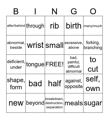 Medical Terminology  Bingo Card