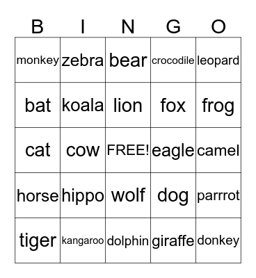 Animals Bingo Card