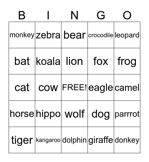 Animals Bingo Card