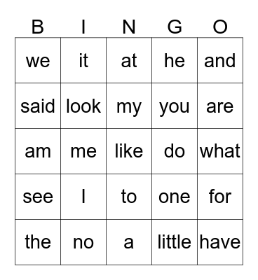 Kindergarten Sight Words Bingo Card