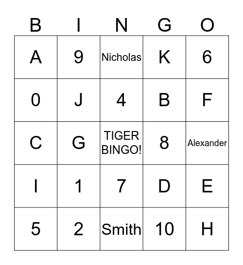 Tiger Bingo Card