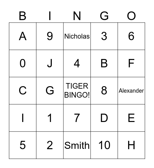 Tiger Bingo Card