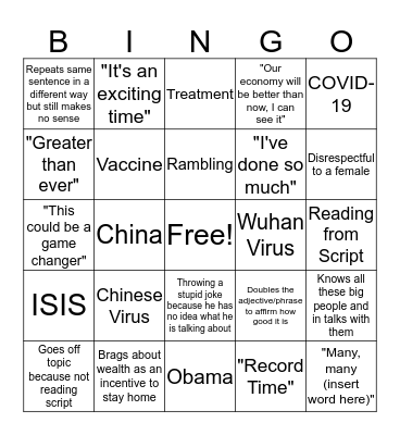Trump vs COVID-19 edition Bingo Card