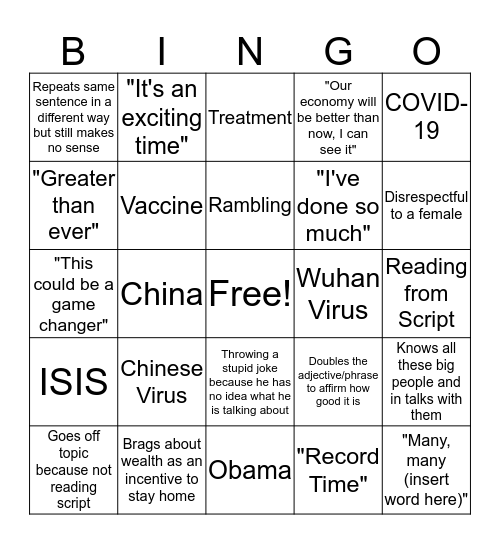 Trump vs COVID-19 edition Bingo Card