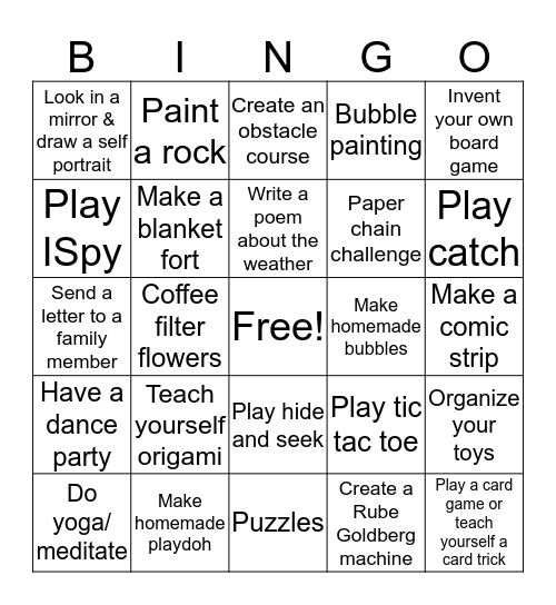 Screen Free Bingo Card