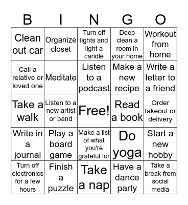 Coronavirus Lockdown Bingo Card