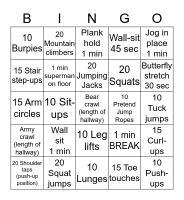 Fitness Bingo Card