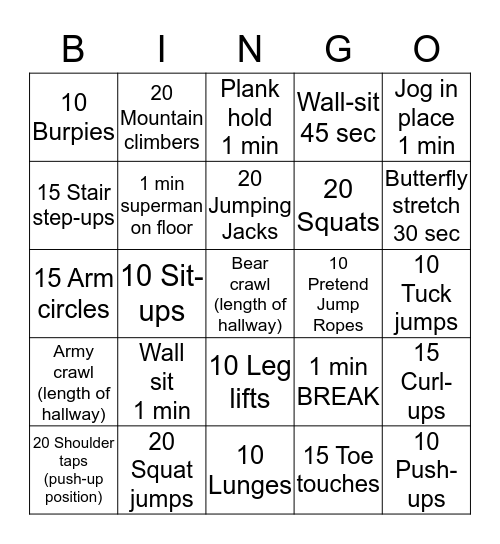 Fitness Bingo Card