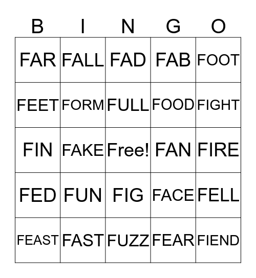 F initial words Bingo Card