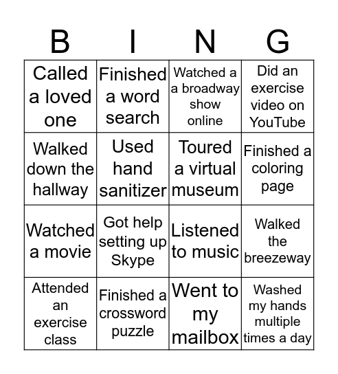 Activities Bingo Card