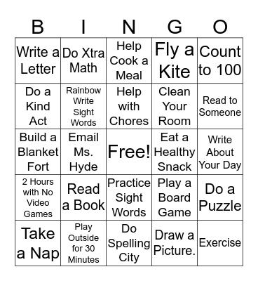 Learning at Home Bingo Card