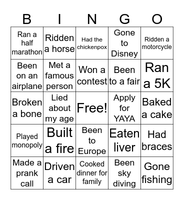Never have I ever Bingo Card