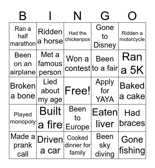 Never have I ever Bingo Card