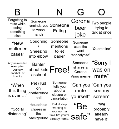 Covid-19 WFH Bingo Card