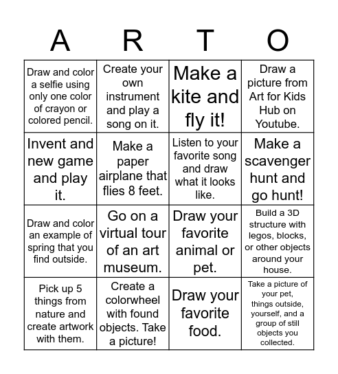 Fun Arts Bingo Card