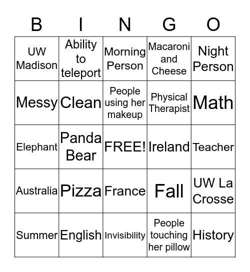 Get to Know Brennah Bingo Card