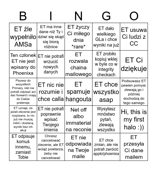 Jakie tym razem trafiło Ci się ET? Bingo Card