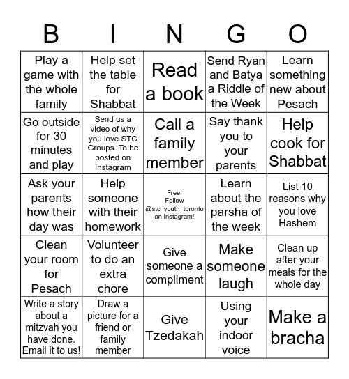 STC Mitzvah Bingo Card