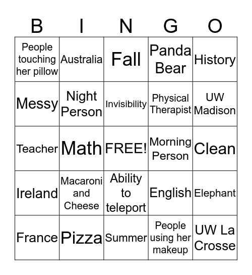 Get to know Brennah Bingo Card