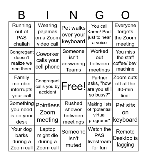 PAS WFH Bingo Card