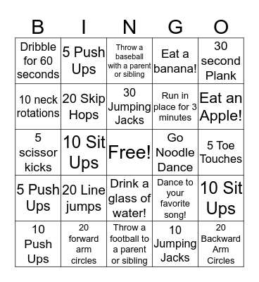 Fitness Bingo Card