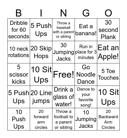 Fitness Bingo Card