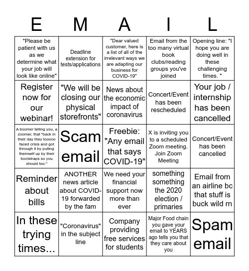 Email Inbox Bingo for Quaranteens Bingo Card