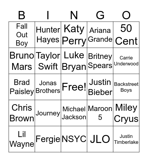 Singers Bingo Card