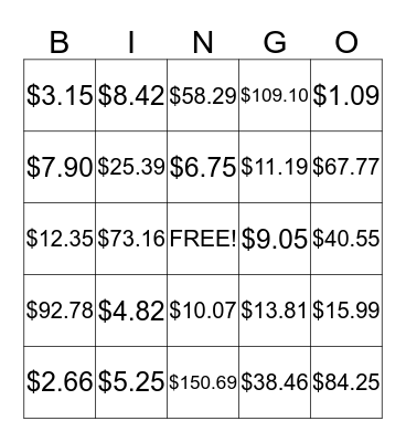 Money Numbers Bingo Card