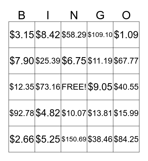 Money Numbers Bingo Card