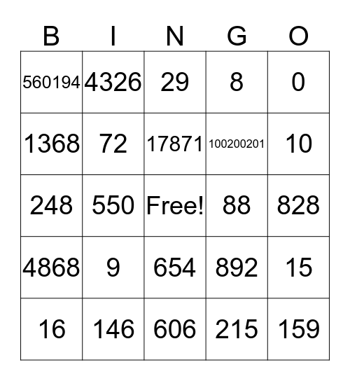 Olive's Math BINGO Card