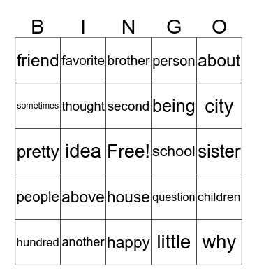 Word Bingo Card