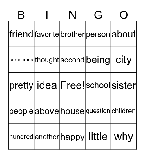 Word Bingo Card