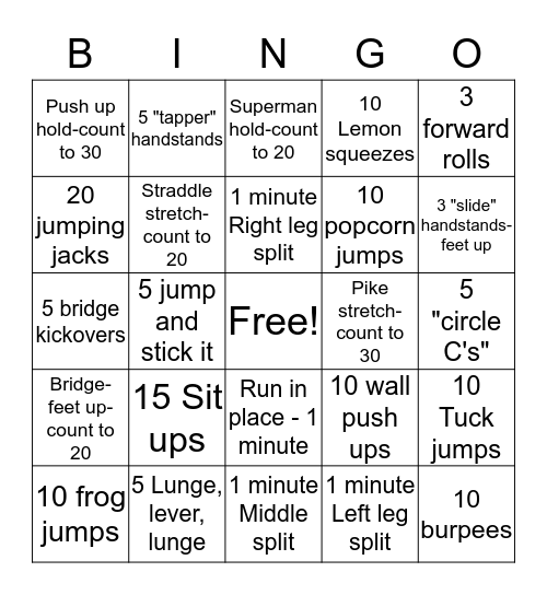 Prep Conditioning Bingo Card