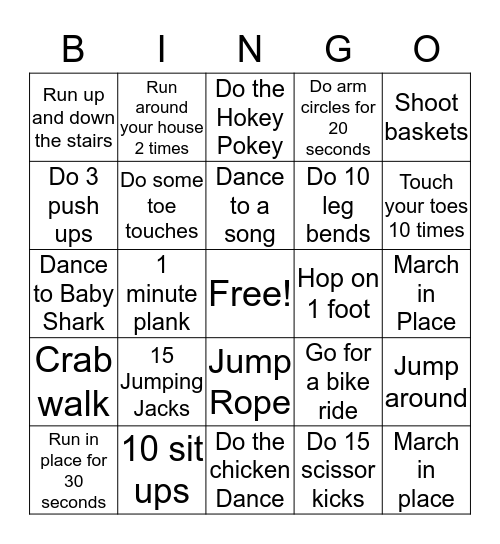 Grade 2 Exercise Bingo Card
