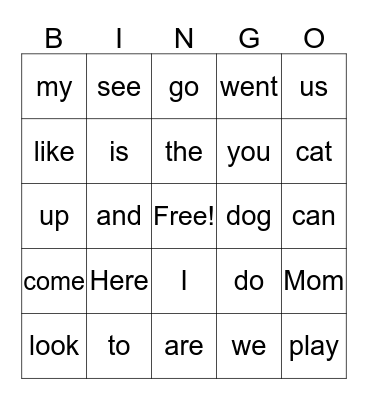 High Frequency Word Bingo Card