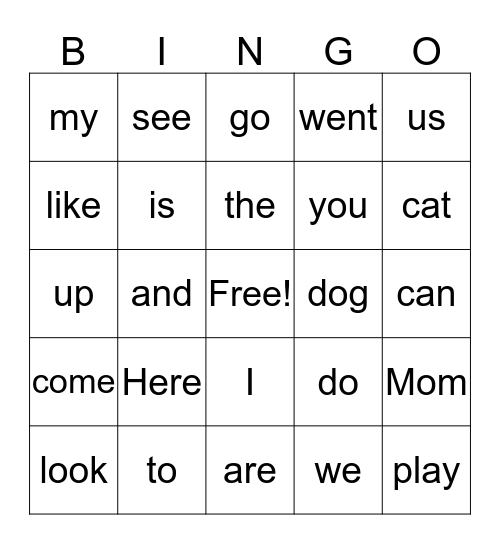 High Frequency Word Bingo Card