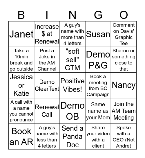 AM Bingo Card