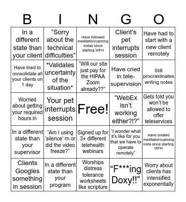 Mental Health Professional Trainee Bingo Card