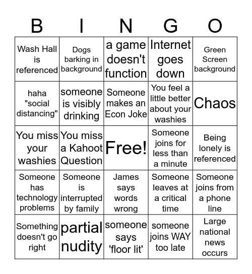 Wash Game Night Bingo! Bingo Card