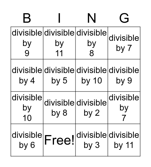 Divisibility Bingo Card