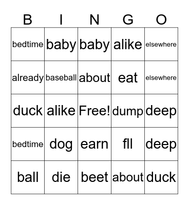 Spelling Bingo Card